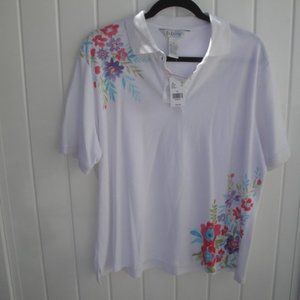 Draper's & Damon's Women's Polo Top Size XLWhite Knit with flowers NEW